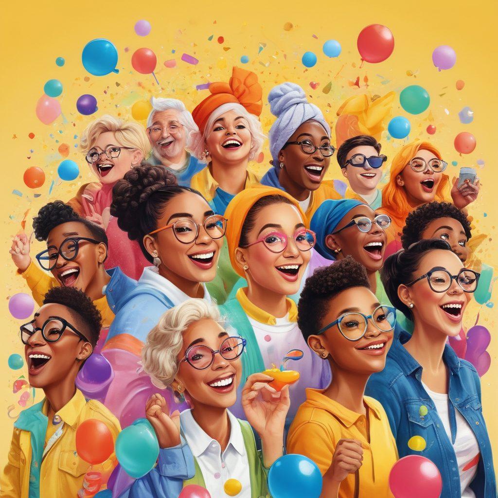 A colorful and playful collage of cartoon-style characters engaged in humorous situations, with rainbow-colored elements symbolizing diversity and pride. Include elements like laughter bubbles, confetti, and playful emojis to emphasize the comedic theme, set against a light, cheerful background. Add subtle hints of adult humor to reflect the blog's content in a tasteful way. vibrant colors. cartoonish style. light background.
