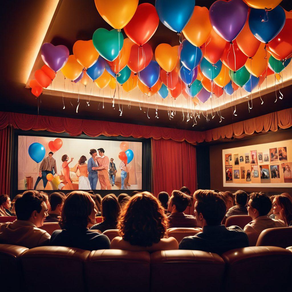 A vibrant movie theater filled with a diverse audience, some laughing and others sharing intimate moments, with colorful posters of classic erotic comedy films in the background. The scene captures a playful atmosphere with heart-shaped balloons and rainbow flags. Soft warm lighting cascades over the viewers, creating an inviting space full of love and joy. A spotlight shines on a film reel displaying iconic humorous scenes. super-realistic. vibrant colors. romantic ambiance.