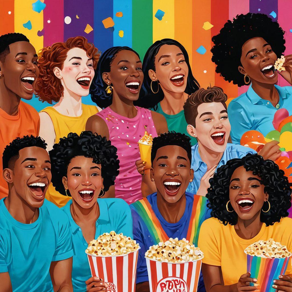 A colorful collage featuring various playful scenes of diverse LGBTQ+ characters watching funny adult videos together, with exaggerated expressions of joy and laughter. Include elements like popcorn, confetti, and rainbow decorations to enhance the festive atmosphere. The background should be vibrant and lively, capturing a sense of inclusivity and fun. colorful pop art style. vibrant colors. dynamic composition.